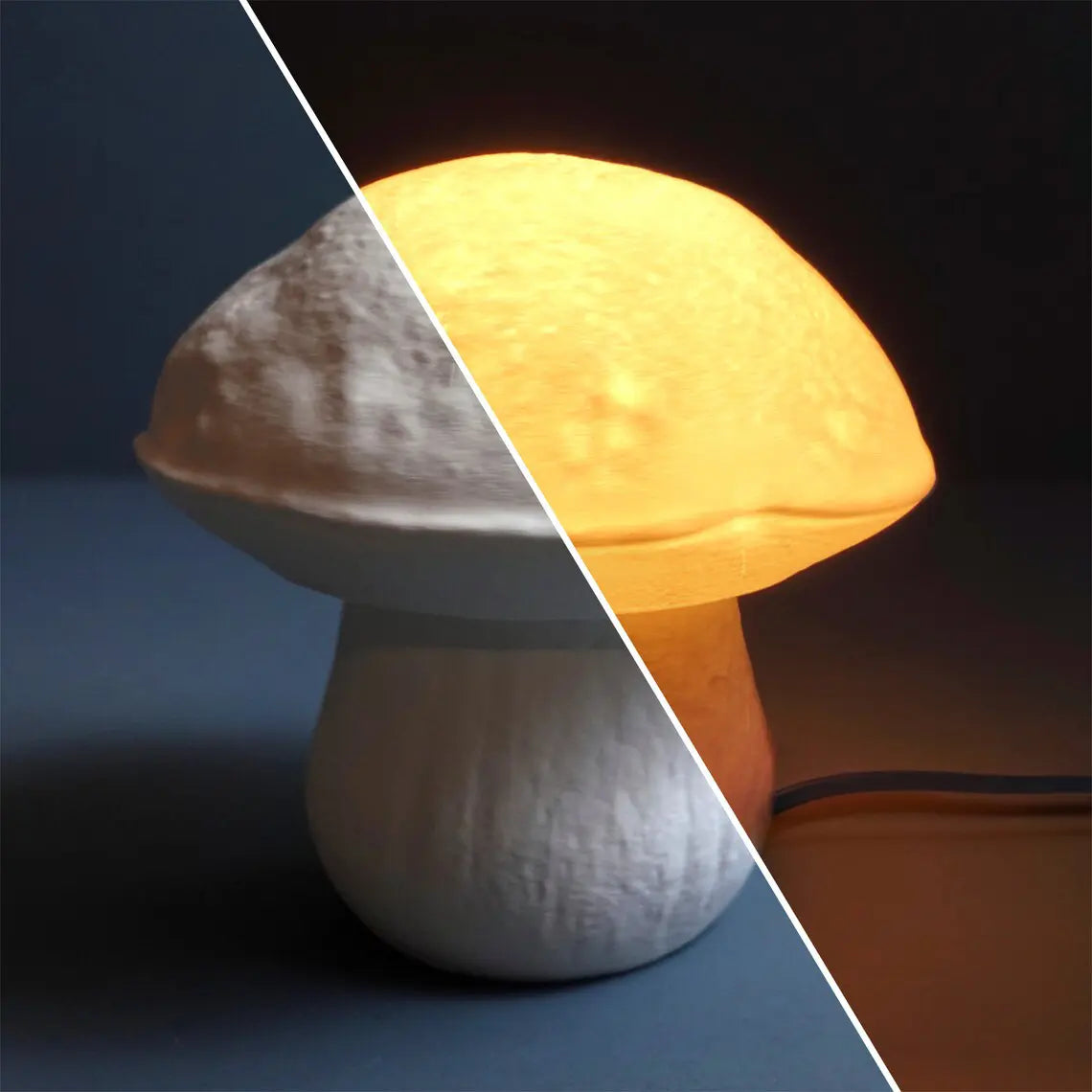 Edulis Fungus Table Lamp - Small Organic Mushroom Design in cotton white color. Half image on and half image off.