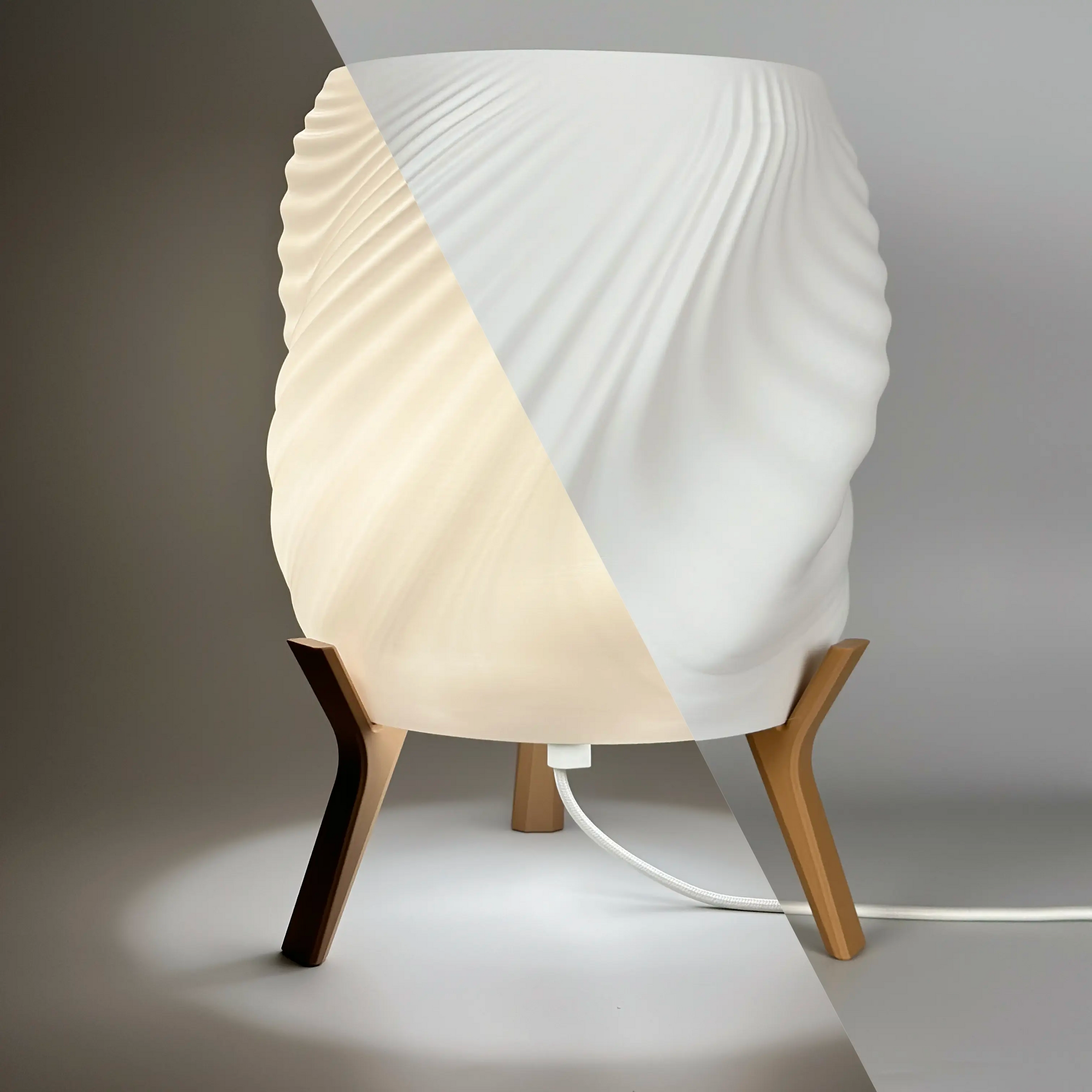 EleganceSweep Minimalist Table Lamp - Bedside Lamp in cotton white shade and wood brown base. Half image on and half image off.