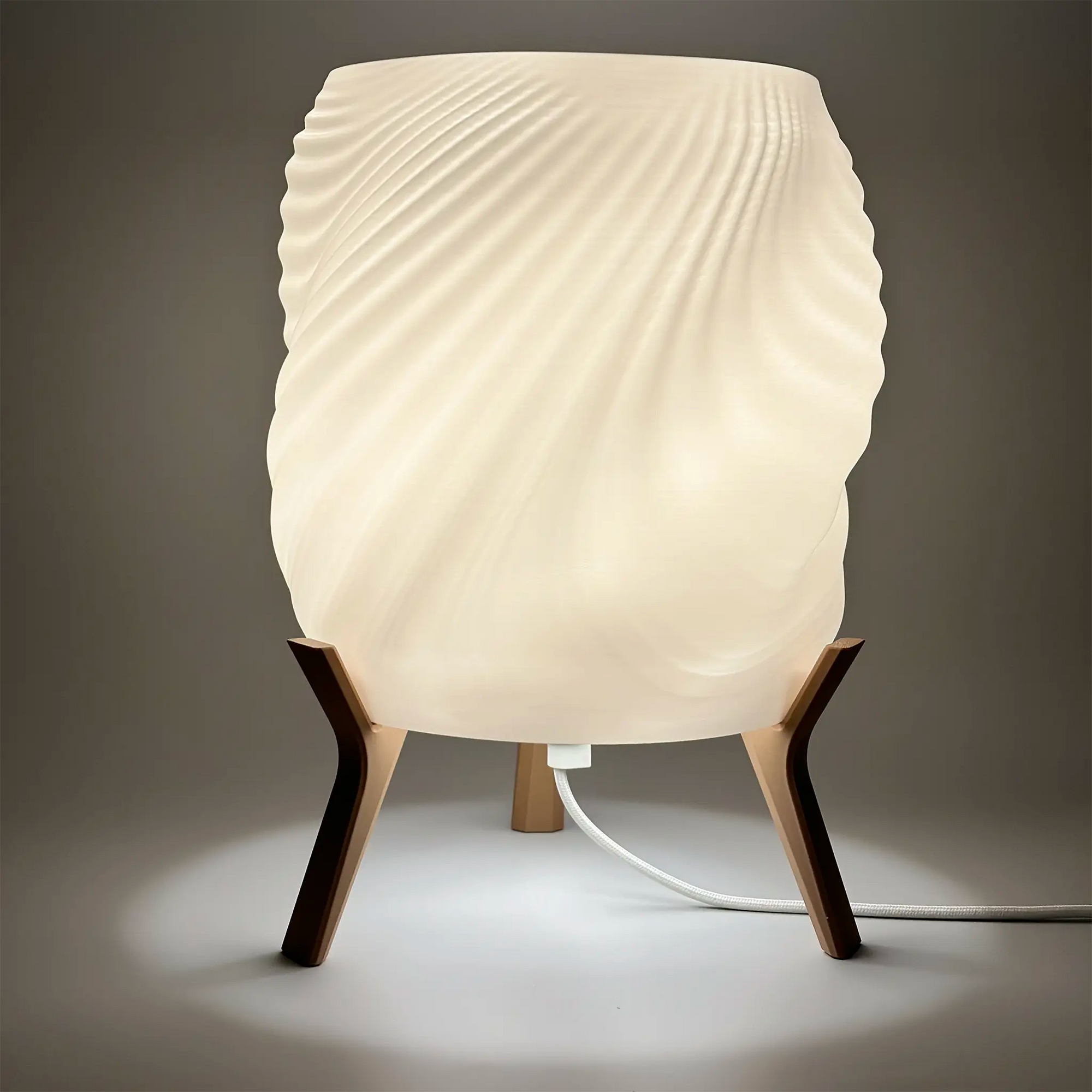 EleganceSweep Minimalist Table Lamp - Bedside Lamp in cotton white shade and wood brown base. Lamp is turned on with 3000k LED bulb.