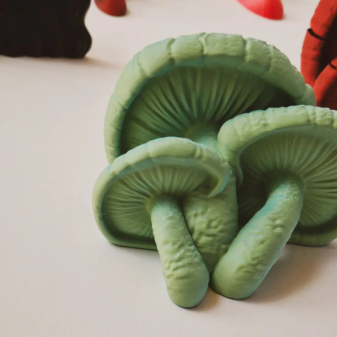 close view of wall mounted floating shelf - Edodes Fungus in chameleon color.