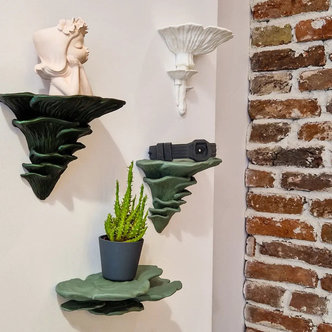Djamor Fungus Wall Shelf mounted in a living room with decorative items. Muted green color.
