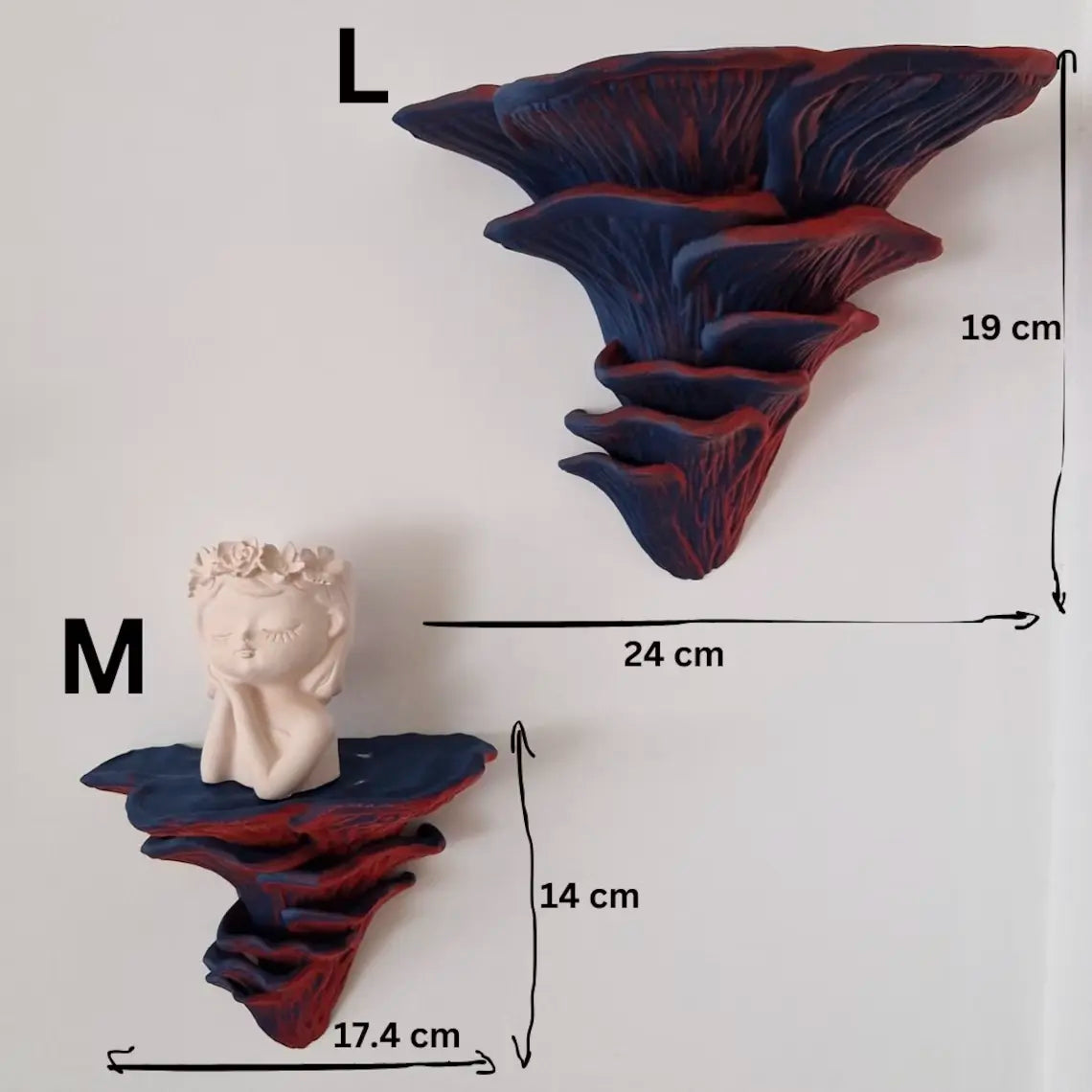 Djamor Fungus Wall Shelf mounted in a living room with decorative items. Mixed berries color.